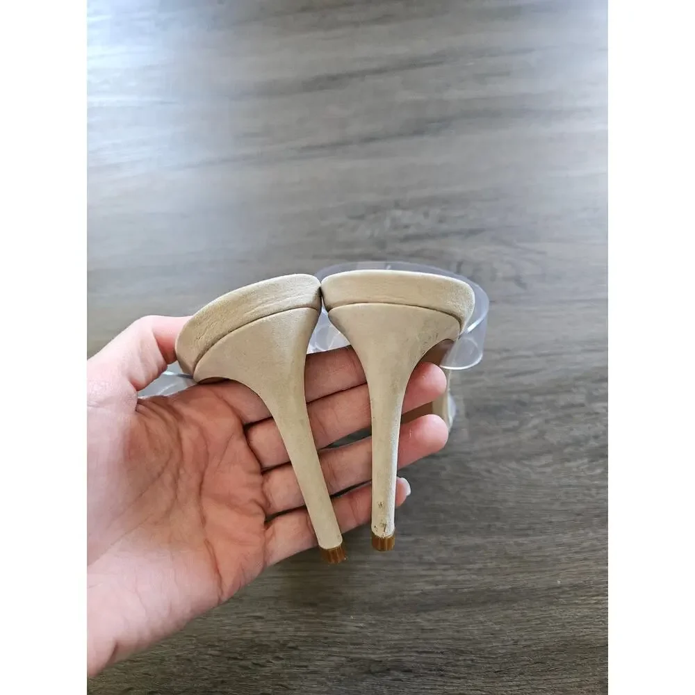Schutz Nude Ariella Suede Sandal Heels in Oyster Size 7.5